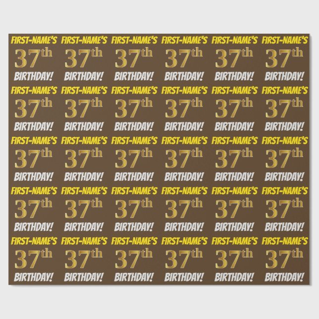 Brown, Faux/Imitation Gold, "37th BIRTHDAY" Wrapping Paper (Flat)