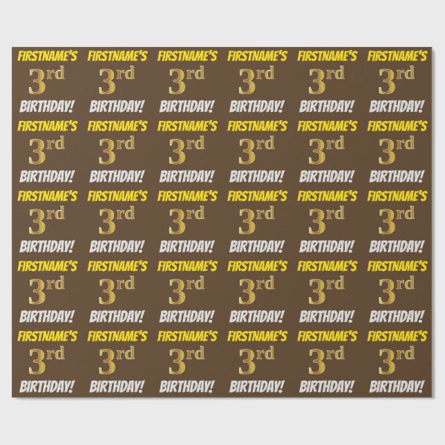 Brown, Faux/Imitation Gold, "3rd BIRTHDAY" Wrapping Paper (Flat)