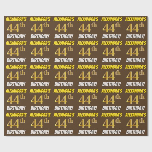 Brown, Faux/Imitation Gold, "44th BIRTHDAY" Wrapping Paper (Flat)