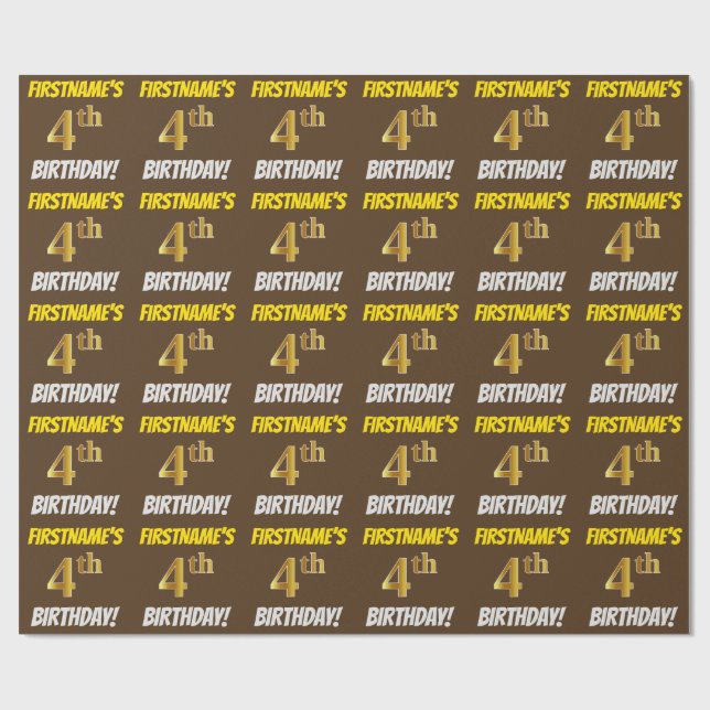 Brown, Faux/Imitation Gold, "4th BIRTHDAY" Wrapping Paper (Flat)