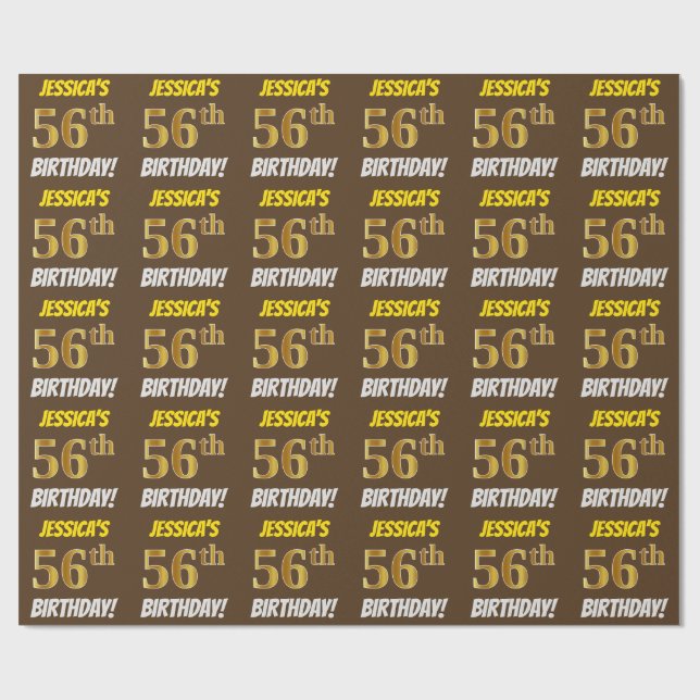 Brown, Faux/Imitation Gold, "56th BIRTHDAY" Wrapping Paper (Flat)
