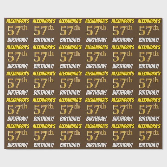 Brown, Faux/Imitation Gold, "57th BIRTHDAY" Wrapping Paper (Flat)