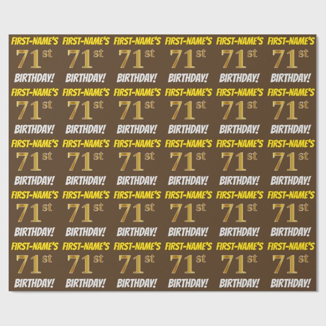 Brown, Faux/Imitation Gold, "71st BIRTHDAY" Wrapping Paper (Flat)
