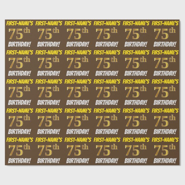 Brown, Faux/Imitation Gold, "75th BIRTHDAY" Wrapping Paper (Flat)