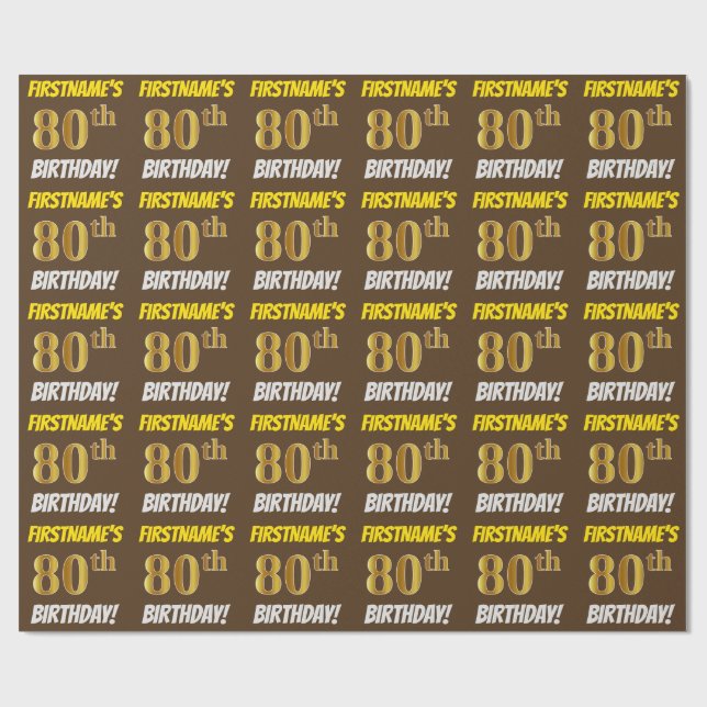 Brown, Faux/Imitation Gold, "80th BIRTHDAY" Wrapping Paper (Flat)