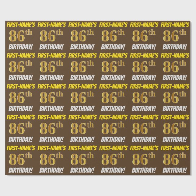 Brown, Faux/Imitation Gold, "86th BIRTHDAY" Wrapping Paper (Flat)