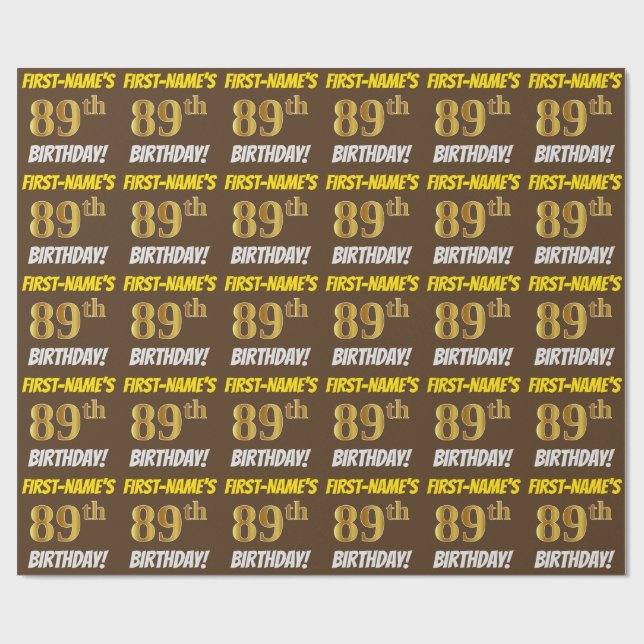Brown, Faux/Imitation Gold, "89th BIRTHDAY" Wrapping Paper (Flat)