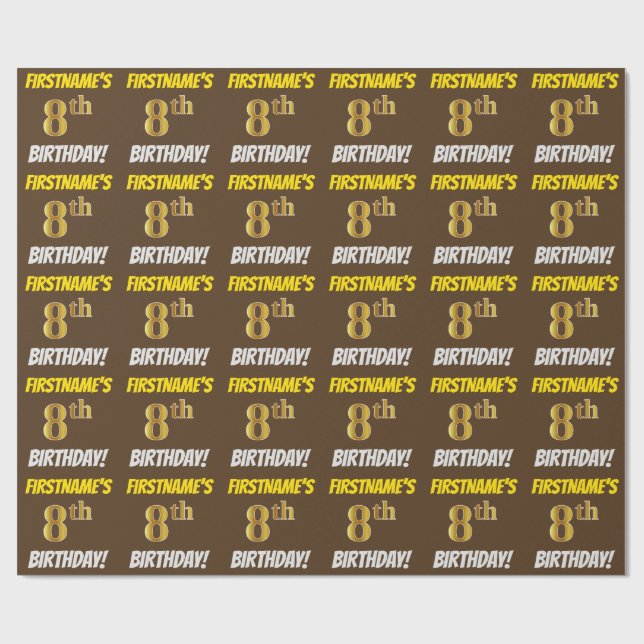 Brown, Faux/Imitation Gold, "8th BIRTHDAY" Wrapping Paper (Flat)