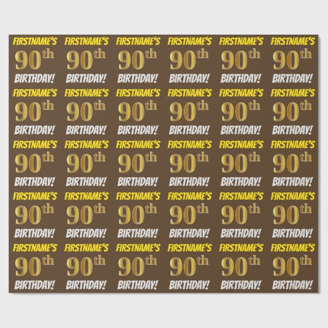Brown, Faux/Imitation Gold, "90th BIRTHDAY" Wrapping Paper (Flat)