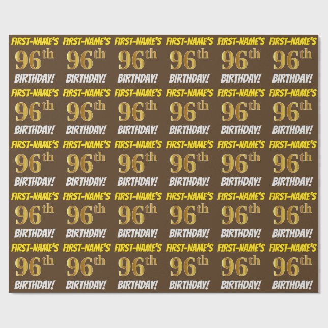 Brown, Faux/Imitation Gold, "96th BIRTHDAY" Wrapping Paper (Flat)