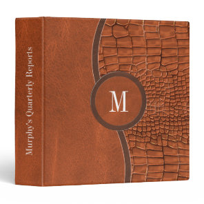 Brown Faux Leather Alligator Skin Luxury Monogram 3 Ring Binder