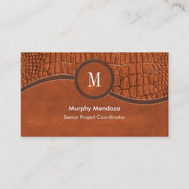 Brown Faux Leather Alligator Skin Luxury Monogram Business Card (Front)