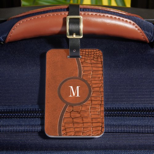 Brown Faux Leather Alligator Skin Luxury Monogram Luggage Tag