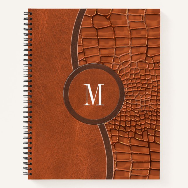 Brown Faux Leather Alligator Skin Luxury Monogram Notebook (Front)