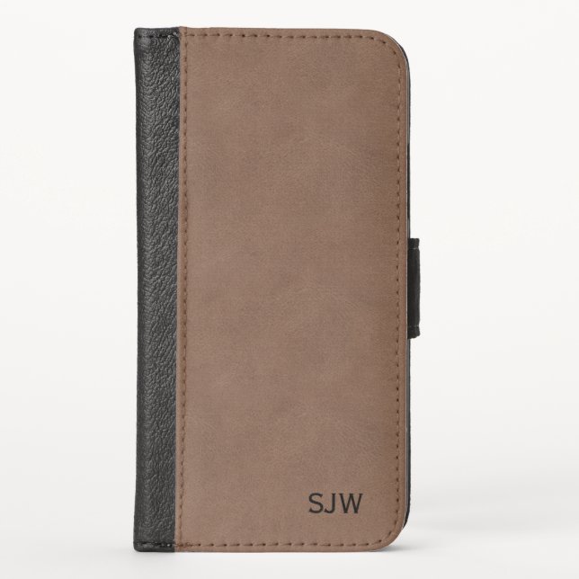Brown Faux Leather Black Monogram iPhone Wallet Case (Front)