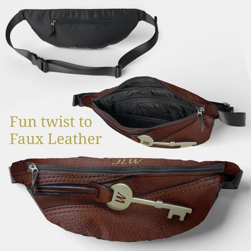Brown faux Leather Brass Key Sophisticated Stylish Fanny Pack