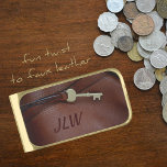 Brown faux Leather Brass Key with Initials Stylish Gold Finish Money Clip<br><div class="desc">This stylish Money clip,  inspired by rich brown leather,  has the look of fine leather with stitching and a brass key. It's a fun twist to faux leather personalized with initials.

This image is original photography by JLW_PHOTOGRAPHY</div>