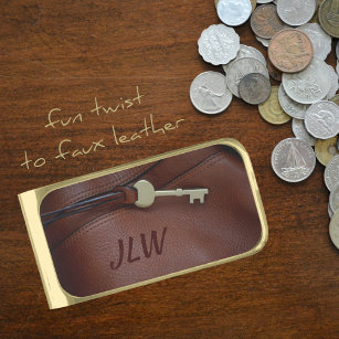 Brown faux Leather Brass Key with Initials Stylish Gold Finish Money Clip