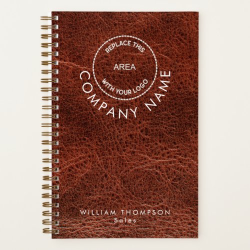 Brown Faux Leather Company Staff Name Logo QR Code Notebook