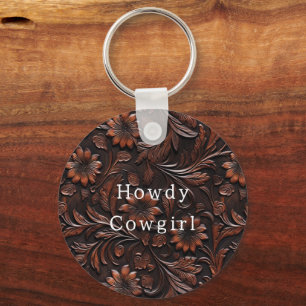 Brown Faux Leather Cowgirl Floral Keychain