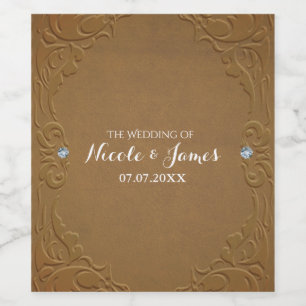 Brown Faux Leather & Diamonds Glam Rustic Wine Label
