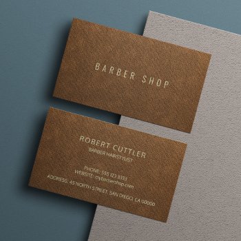 Brown Faux Leather Exclusive Barber Hairstylist Business Card by uniqueoffice at Zazzle