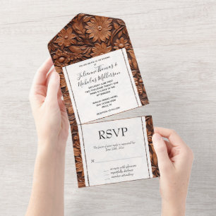 Brown Faux Leather Floral All In One Invitation