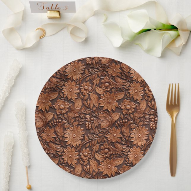 Brown Faux Leather Floral Paper Plates (Wedding)