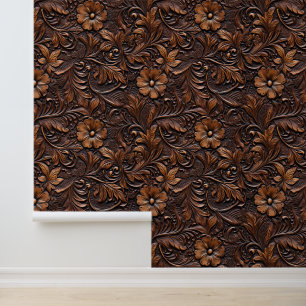 Brown Faux Leather Floral Wallpaper