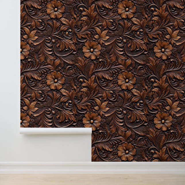 Brown Faux Leather Floral Wallpaper (Application)