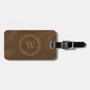 Brown Faux Leather Gold Circles Monogram Luggage Tag
