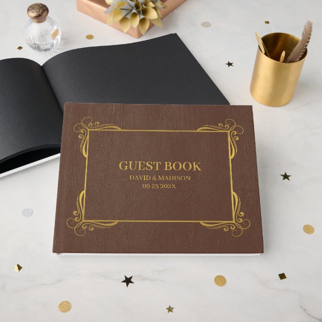 Brown Faux Leather Gold Frame Guest Book (Front Open)
