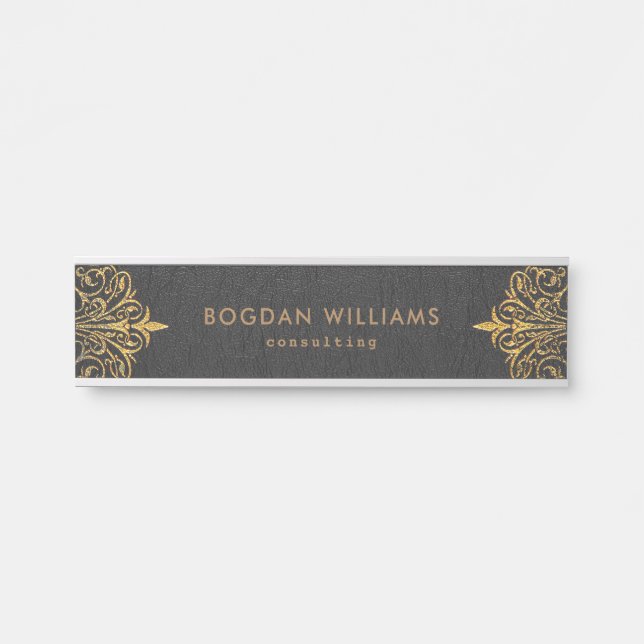 Brown Faux Leather Gold Swirls Frame Door Sign (Front)