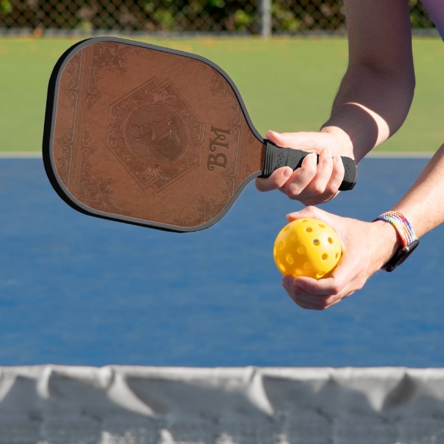 Brown faux leather horse head pickleball paddle (Insitu)