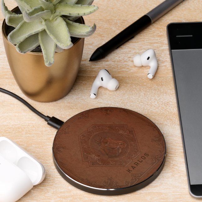 Brown faux leather horse head wireless charger  (Desk 2)