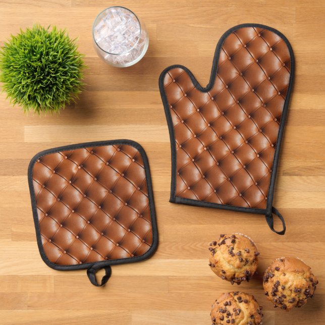 Brown Faux Leather (leather look) Oven Mitt & Pot Holder Set (Top Down)