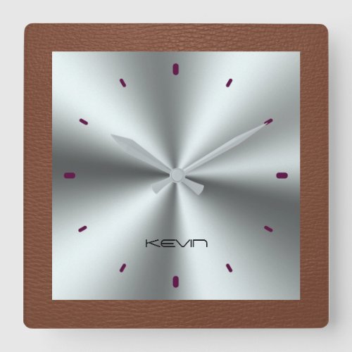 Brown Faux Leather  Metallic Stainless Steel Square Wall Clock