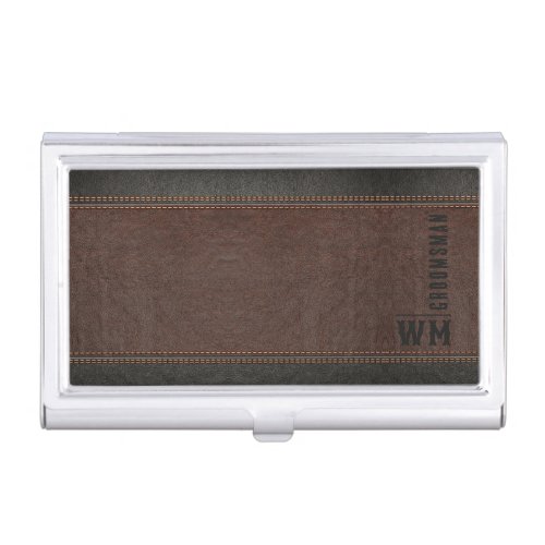Brown Faux Leather Monogram Groomsman Gift Business Card Case