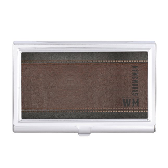 Brown Faux Leather Monogram Groomsman Gift Business Card Case (Front)