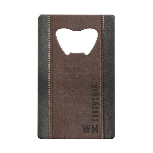 Brown Faux Leather Monogram Groomsman Gift Credit Card Bottle Opener (Front)