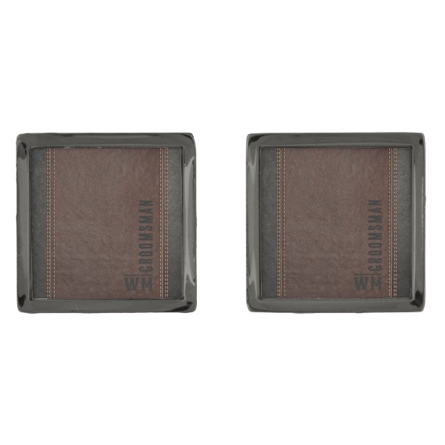 Brown Faux Leather Monogram Groomsman Gift Cufflinks (Front)