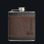 Brown Faux Leather Monogram Groomsman Gift Flask<br><div class="desc">Introducing our stylish hip flask from our groomsman gift collection! Crafted with the finest brown and black stitched faux leather, this hip flask is the epitome of modern elegance with a vintage touch. Perfectly designed as a personalized groomsmen gift, this hip flask comes with a monogram of their initials in...</div>