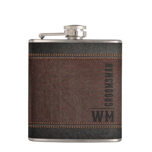 Brown Faux Leather Monogram Groomsman Gift Flask