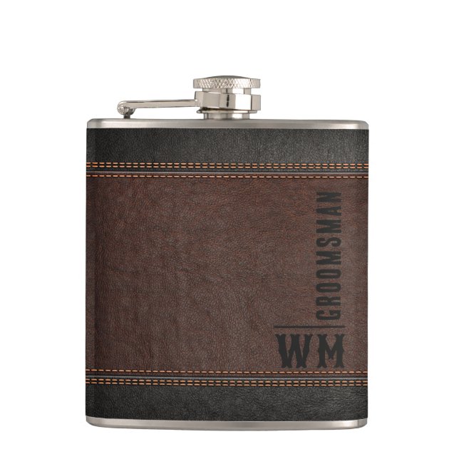 Brown Faux Leather Monogram Groomsman Gift Flask (Front)