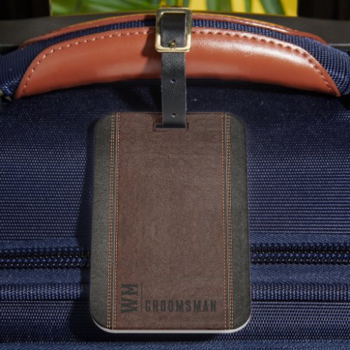 Brown Faux Leather Monogram Groomsman Gift Luggage Tag