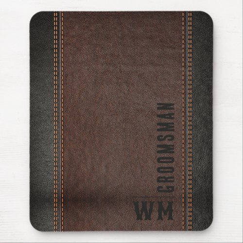 Brown Faux Leather Monogram Groomsman Gift Mouse Pad