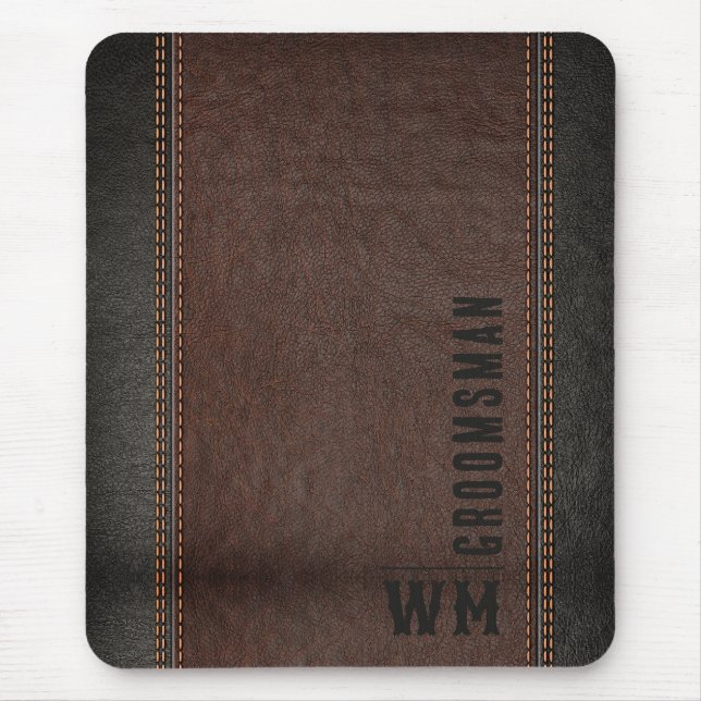 Brown Faux Leather Monogram Groomsman Gift Mouse Pad (Front)