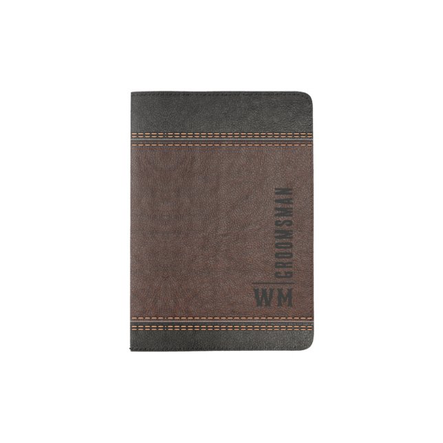 Brown Faux Leather Monogram Groomsman Gift Passport Holder (Front)
