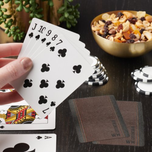 Brown Faux Leather Monogram Groomsman Gift Playing Cards