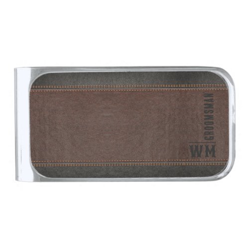 Brown Faux Leather Monogram Groomsman Gift Silver Finish Money Clip